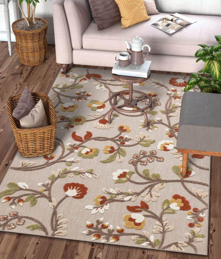 Darla Floral Beige Indoor/Outdoor Area Rug High Traffic Modern Carpet