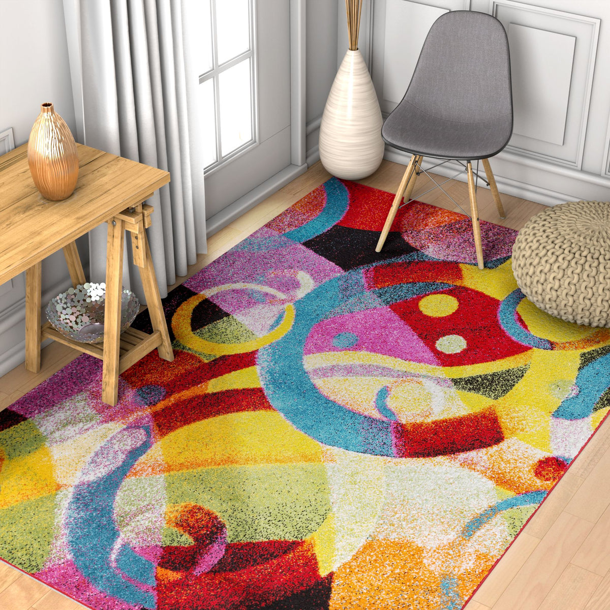 Bubble Bright Multi Circles Yellow Blue Red Abstract Geometric Lines Area Rug